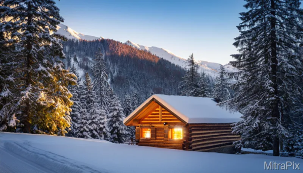 A cozy log cabin nestled in the mountains, surrounded by snow and pine trees, with warm light glowing from the windows